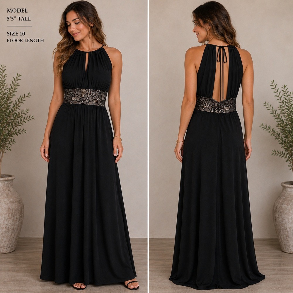 R&M Richards Black Maxi Dress Size 10 Lace Waist Keyhole Formal Evening Gown